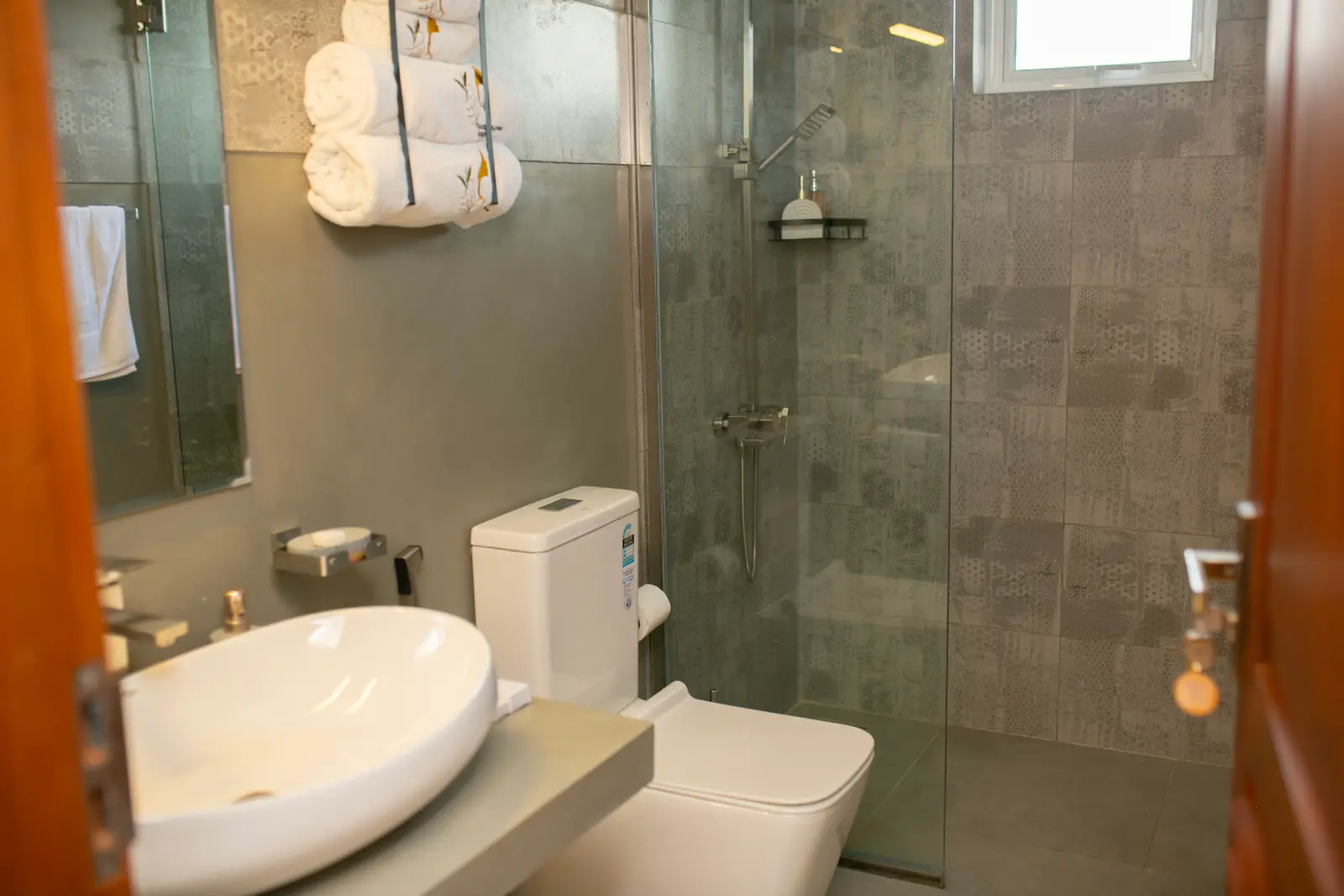 Ensuite bathroom with vessel sink, toilet, towel rack, and a glass walk-in shower