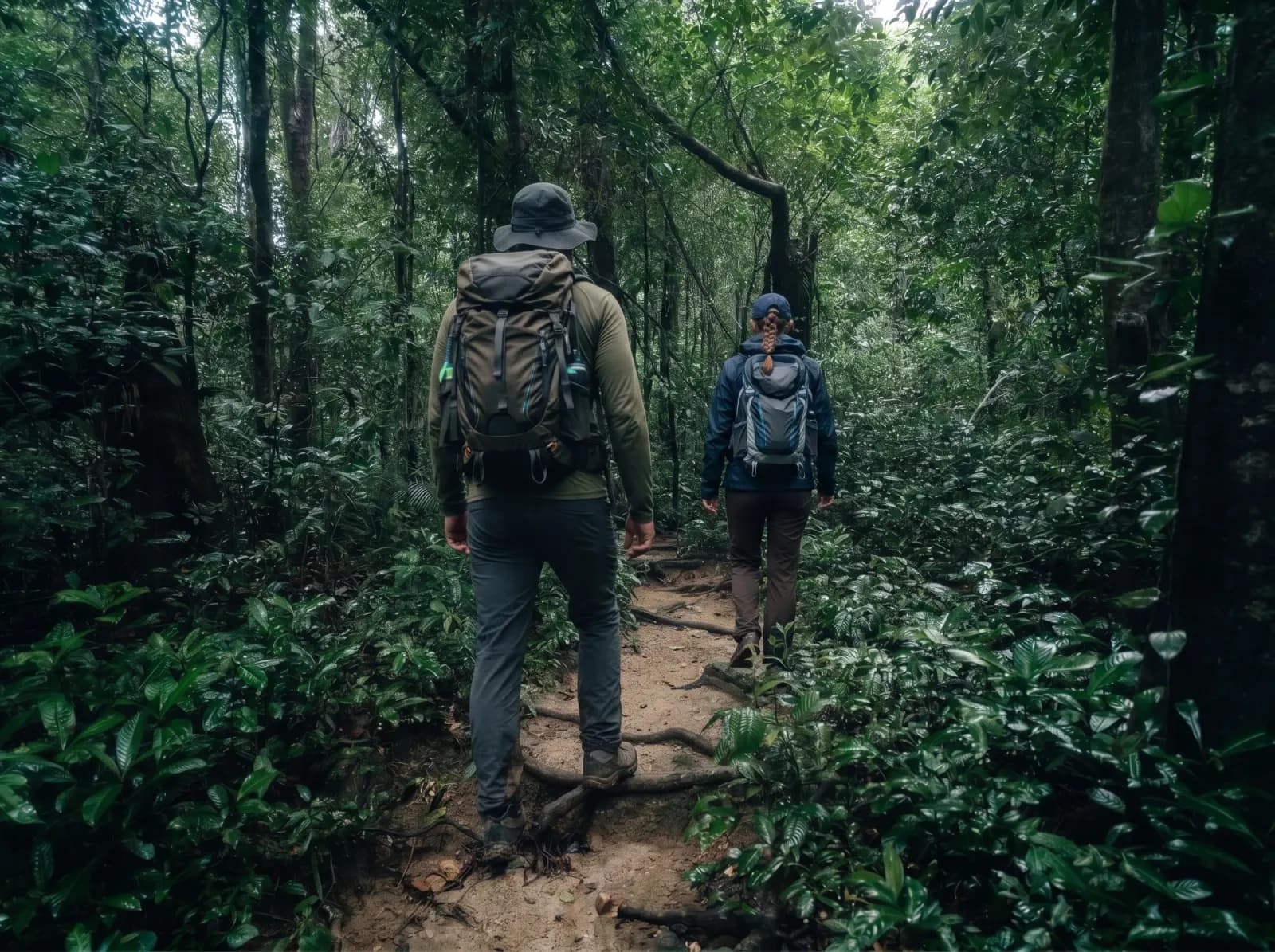 Hikers walking along a forest trail with lush greenery